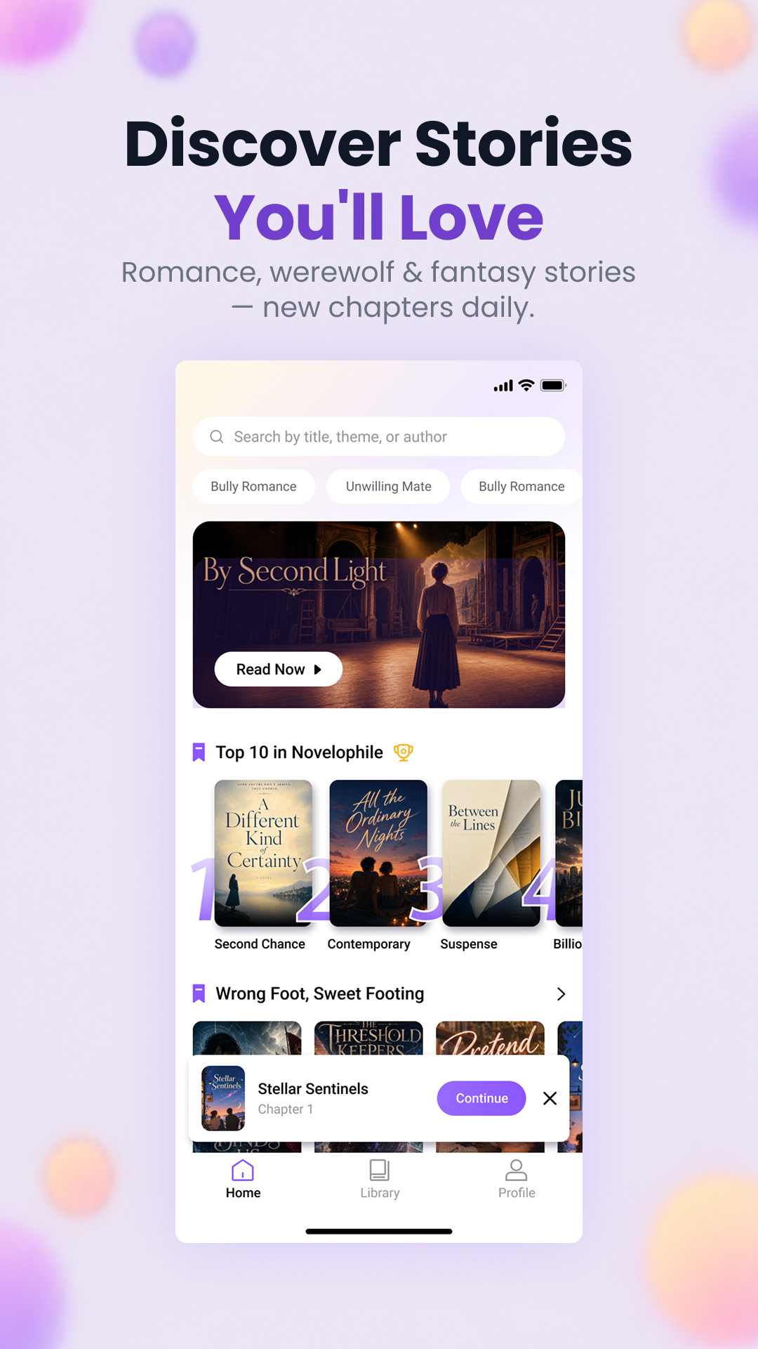 Novelophile discovery screen with curated shelves and Top 10 rankings