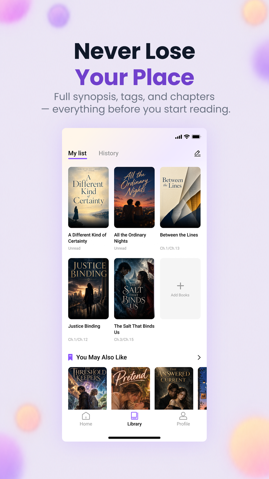 Novelophile app preview: My List and reading History