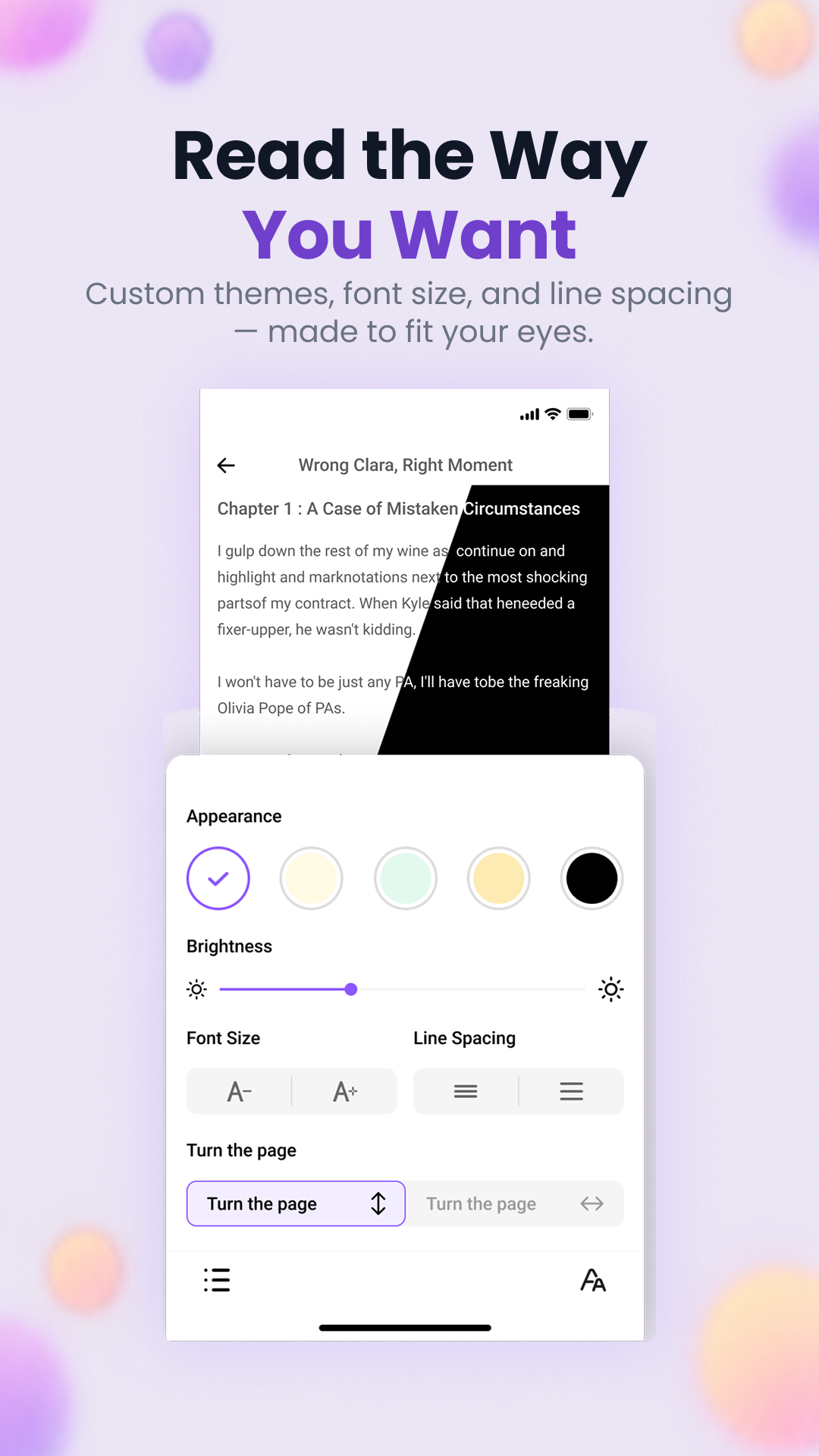 Novelophile app preview: Tune themes, font size and spacing
